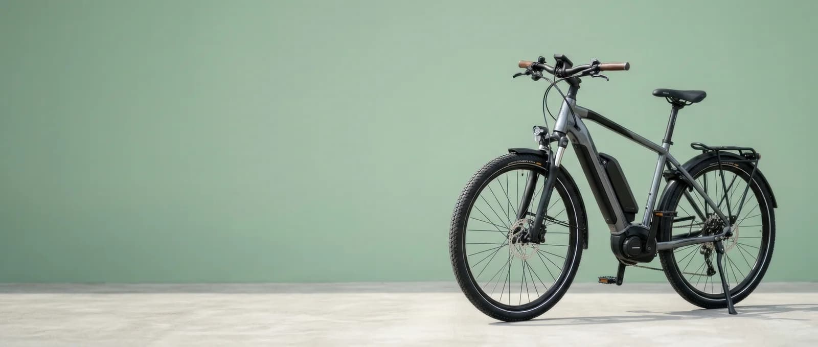 E-Bike-Akku-Reparatur: schwarzes Elektrofahrrad vor salbeigrüner Wand