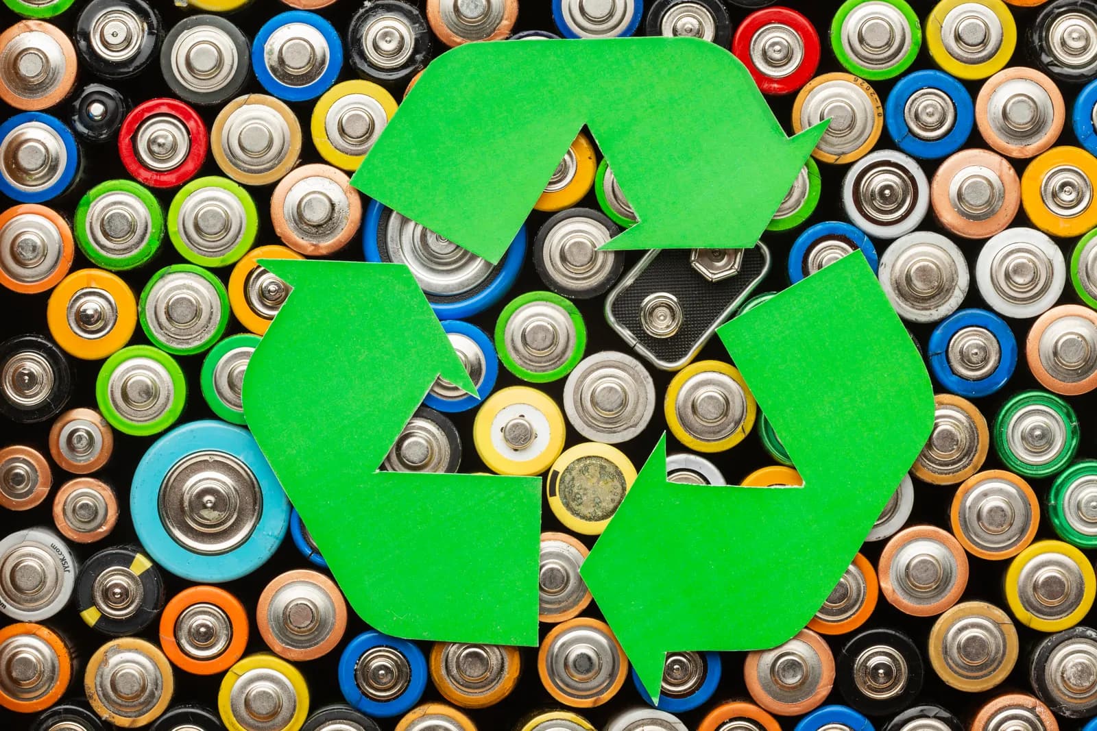 Akku entsorgen Recycling – gesammelte Batterien mit Recyclingzeichen, Symbolbild