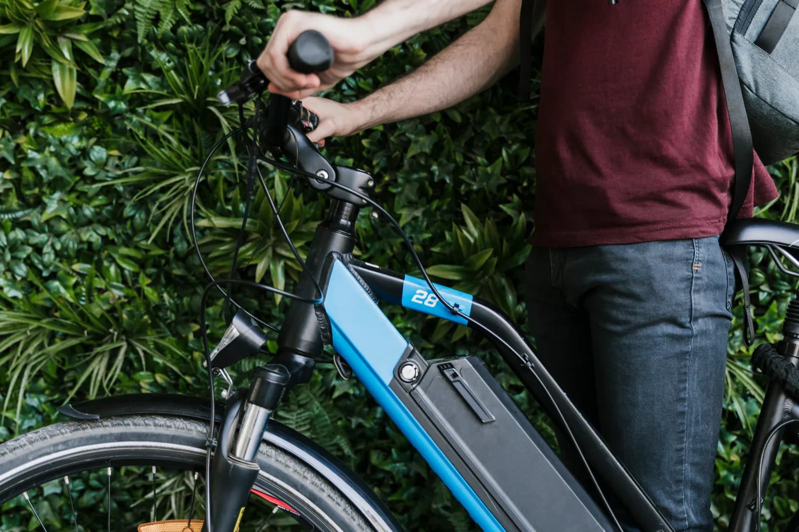 Akku Pflege Tipps – E-Bike mit Rahmenakku vor einer Hecke